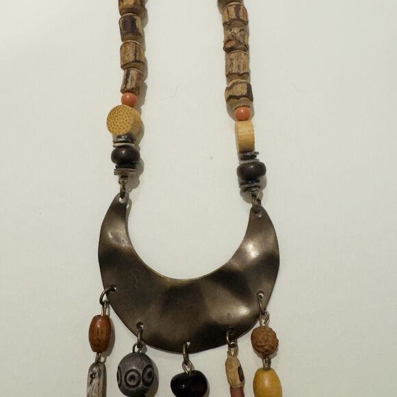 Boho Tribal Statement Necklace Wood Beads Brass Metal Dangles Mixed Media Artsy - Picture 3 of 9